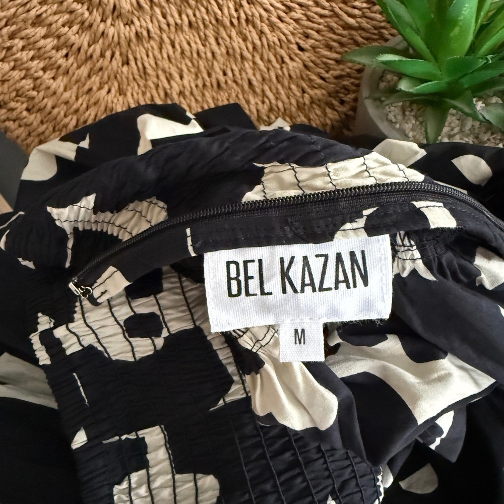 Bel Kazan Strapless Smocked Midi Dress Black Cream Geometric Abstract Boho Sz M - Picture 3 of 13
